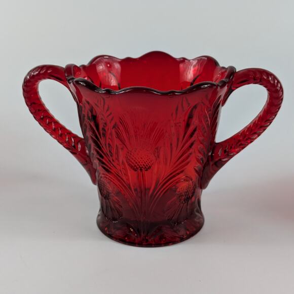 Mosser Inverted Thistle Glass Sugar Bowl Ruby Red Serving Jar Cold Press MCM